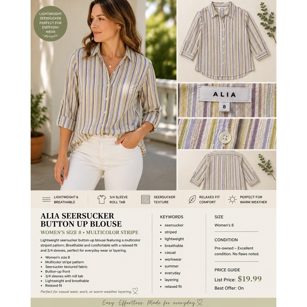 Alia Button Up Blouse Womens 8 Multicolor Good Striped Seersucker 3/4 Sleeve